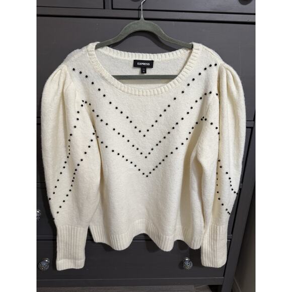 Express Beaded Sweater Puff Sleeve White Cream Sequin Embroidered V Size XL EUC - Picture 3 of 6